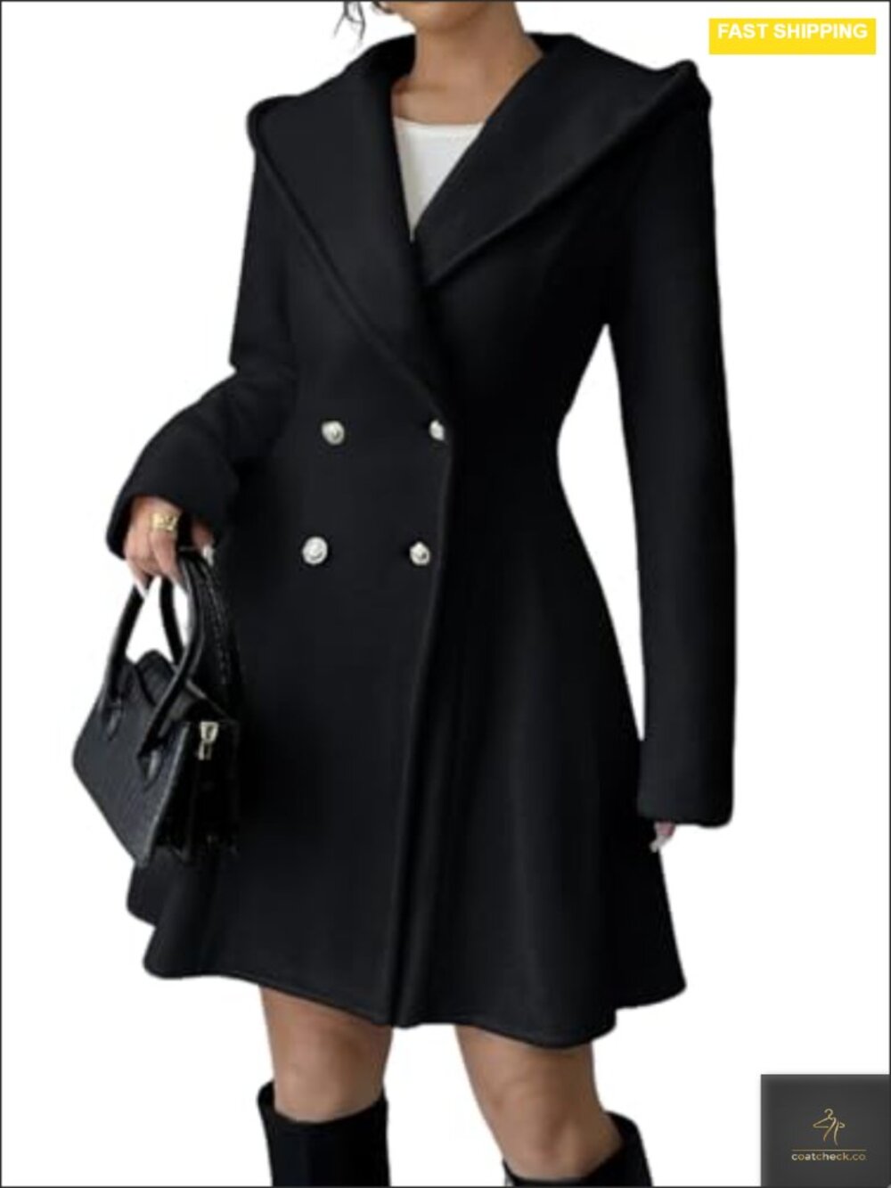 Women's Wool Blend Double Breasted Peacoat with Hood A-Line Midi Warm Winter